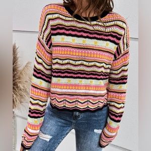 Striped And Geo Pattern Pointelle Knit Sweater - L